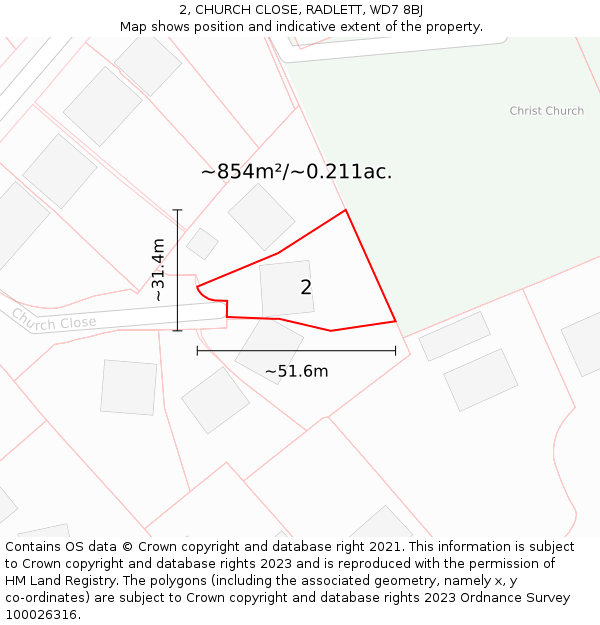 2, CHURCH CLOSE, RADLETT, WD7 8BJ: Plot and title map