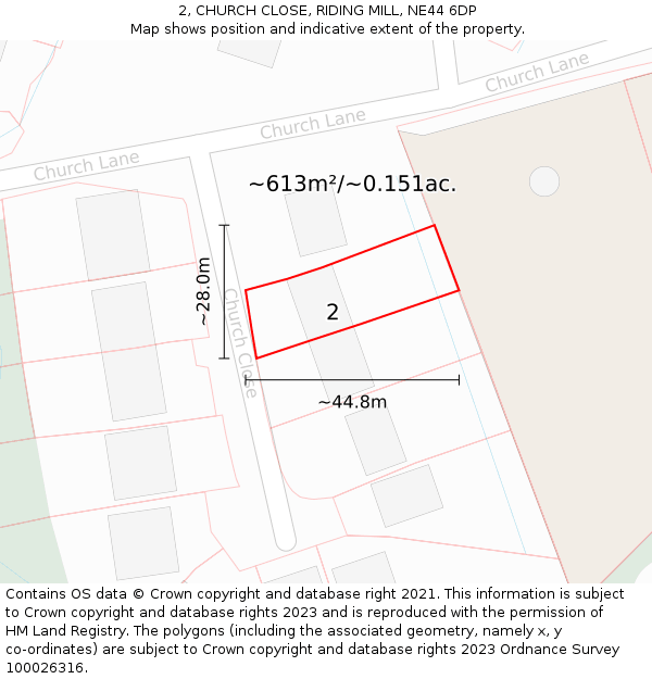 2, CHURCH CLOSE, RIDING MILL, NE44 6DP: Plot and title map