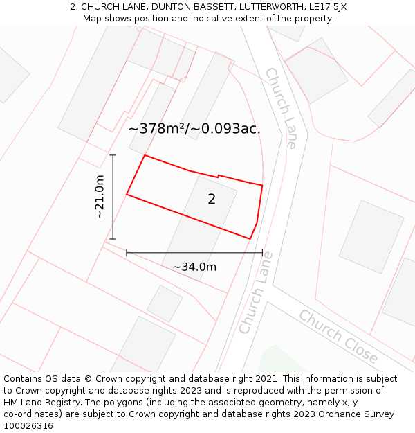 2, CHURCH LANE, DUNTON BASSETT, LUTTERWORTH, LE17 5JX: Plot and title map