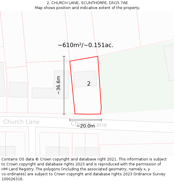 2, CHURCH LANE, SCUNTHORPE, DN15 7AE: Plot and title map