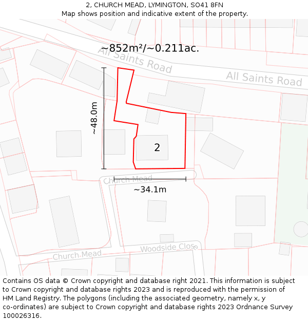 2, CHURCH MEAD, LYMINGTON, SO41 8FN: Plot and title map