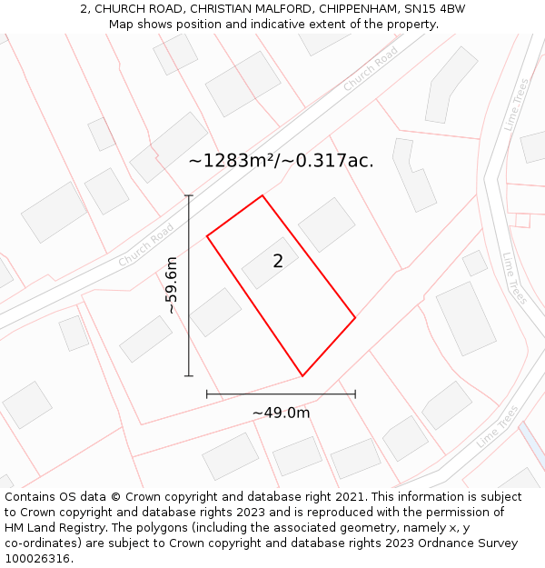 2, CHURCH ROAD, CHRISTIAN MALFORD, CHIPPENHAM, SN15 4BW: Plot and title map