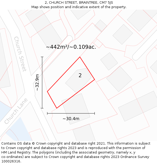 2, CHURCH STREET, BRAINTREE, CM7 5JS: Plot and title map