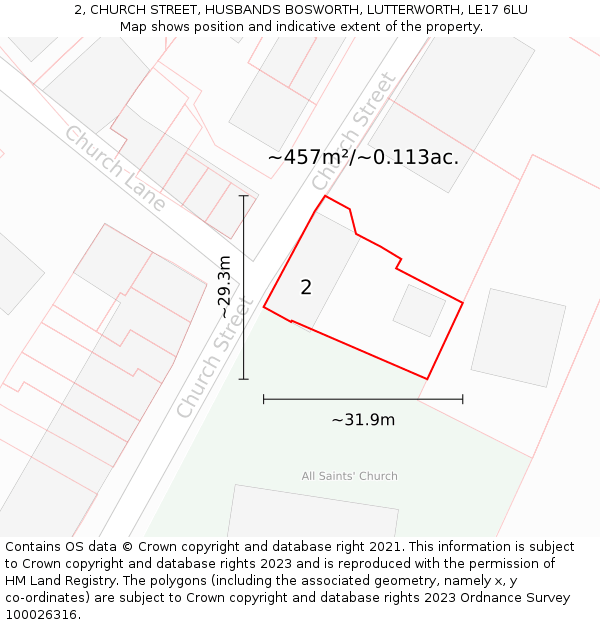 2, CHURCH STREET, HUSBANDS BOSWORTH, LUTTERWORTH, LE17 6LU: Plot and title map