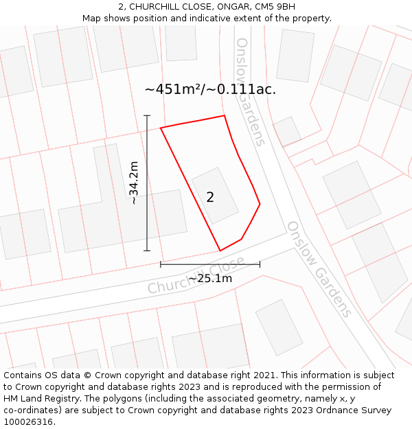 2, CHURCHILL CLOSE, ONGAR, CM5 9BH: Plot and title map