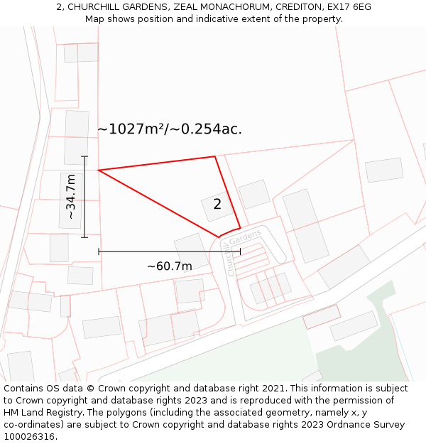 2, CHURCHILL GARDENS, ZEAL MONACHORUM, CREDITON, EX17 6EG: Plot and title map