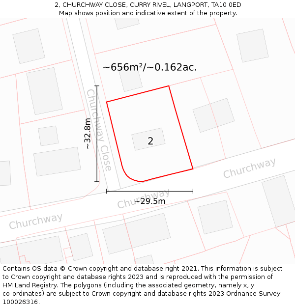 2, CHURCHWAY CLOSE, CURRY RIVEL, LANGPORT, TA10 0ED: Plot and title map