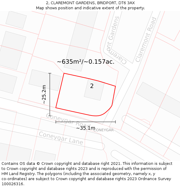 2, CLAREMONT GARDENS, BRIDPORT, DT6 3AX: Plot and title map