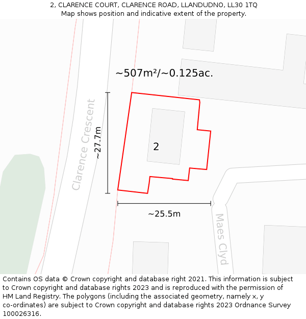 2, CLARENCE COURT, CLARENCE ROAD, LLANDUDNO, LL30 1TQ: Plot and title map