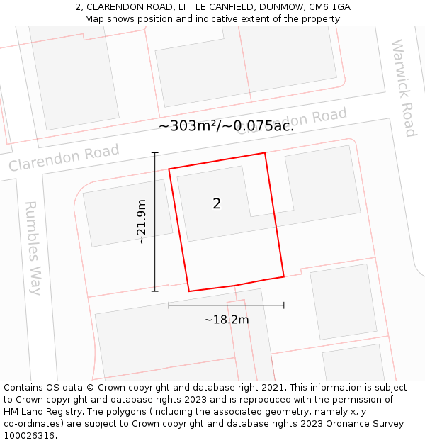 2, CLARENDON ROAD, LITTLE CANFIELD, DUNMOW, CM6 1GA: Plot and title map