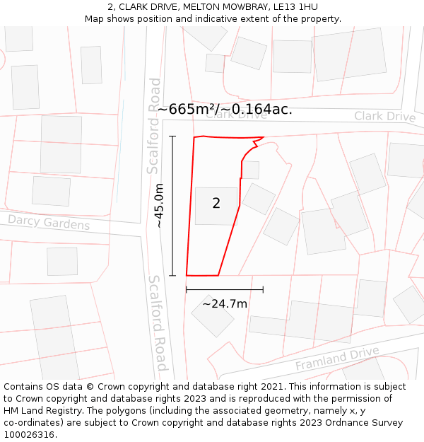 2, CLARK DRIVE, MELTON MOWBRAY, LE13 1HU: Plot and title map