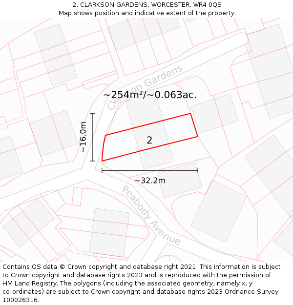 2, CLARKSON GARDENS, WORCESTER, WR4 0QS: Plot and title map