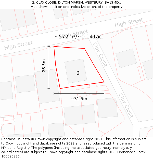 2, CLAY CLOSE, DILTON MARSH, WESTBURY, BA13 4DU: Plot and title map