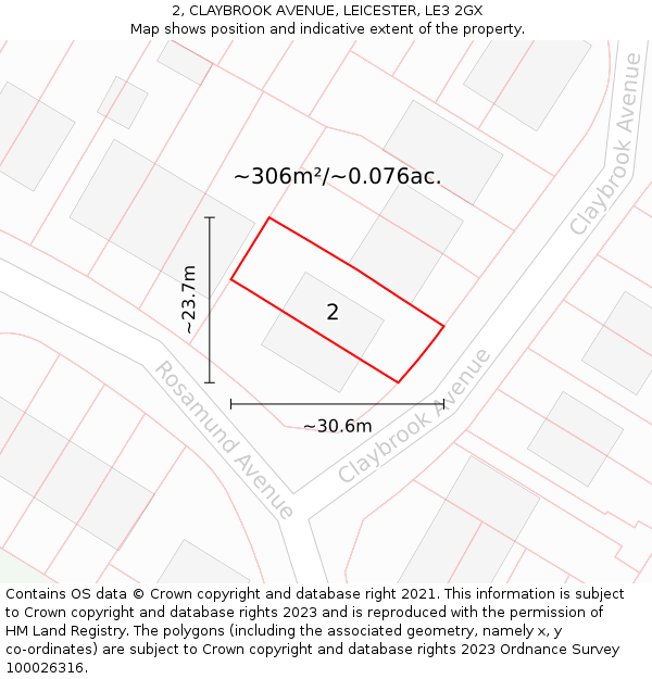 2, CLAYBROOK AVENUE, LEICESTER, LE3 2GX: Plot and title map