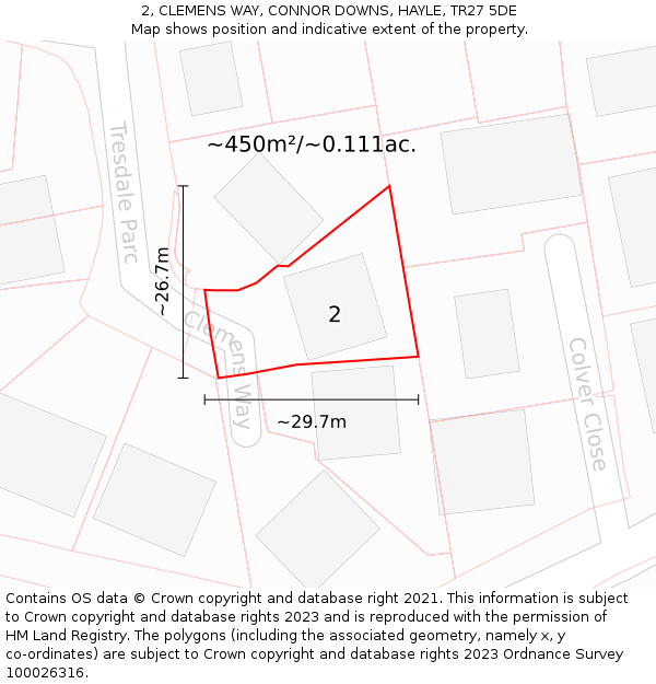 2, CLEMENS WAY, CONNOR DOWNS, HAYLE, TR27 5DE: Plot and title map