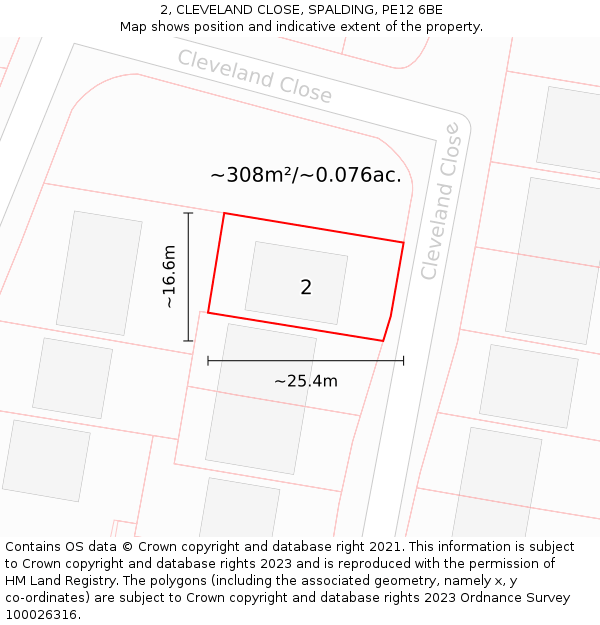 2, CLEVELAND CLOSE, SPALDING, PE12 6BE: Plot and title map