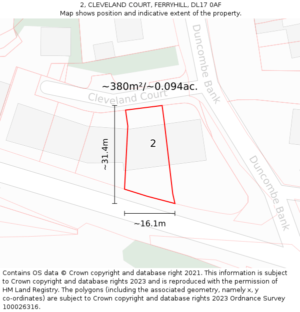 2, CLEVELAND COURT, FERRYHILL, DL17 0AF: Plot and title map