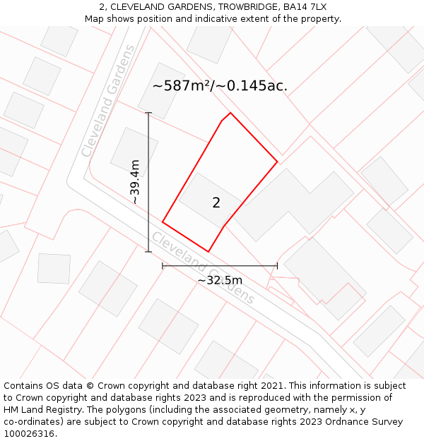 2, CLEVELAND GARDENS, TROWBRIDGE, BA14 7LX: Plot and title map