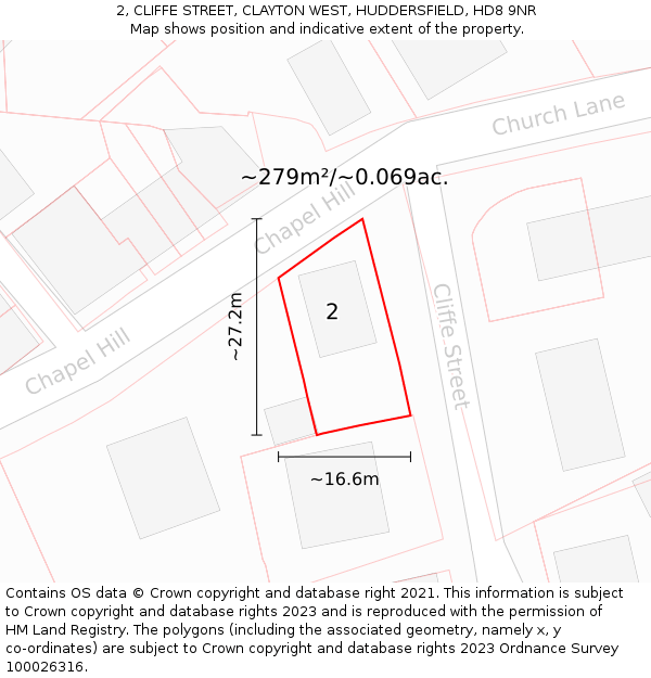 2, CLIFFE STREET, CLAYTON WEST, HUDDERSFIELD, HD8 9NR: Plot and title map