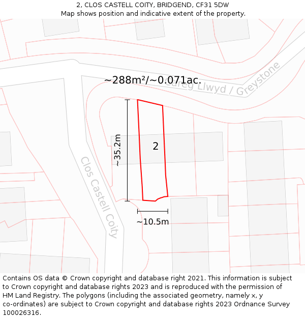 2, CLOS CASTELL COITY, BRIDGEND, CF31 5DW: Plot and title map