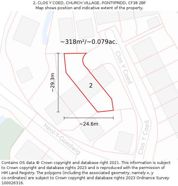 2, CLOS Y COED, CHURCH VILLAGE, PONTYPRIDD, CF38 2BF: Plot and title map