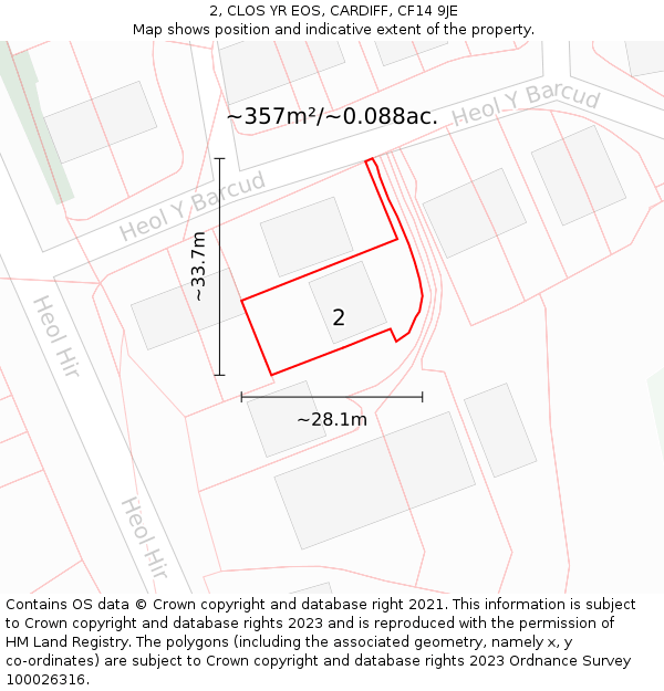 2, CLOS YR EOS, CARDIFF, CF14 9JE: Plot and title map