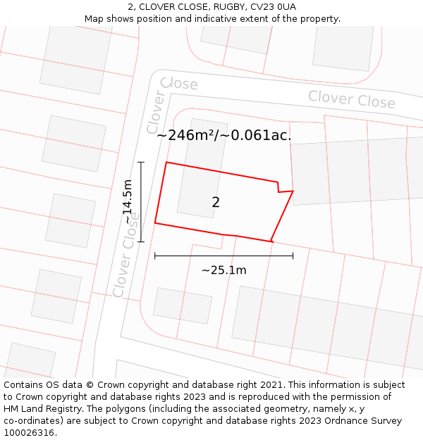 2, CLOVER CLOSE, RUGBY, CV23 0UA: Plot and title map