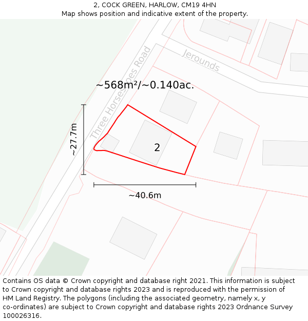 2, COCK GREEN, HARLOW, CM19 4HN: Plot and title map