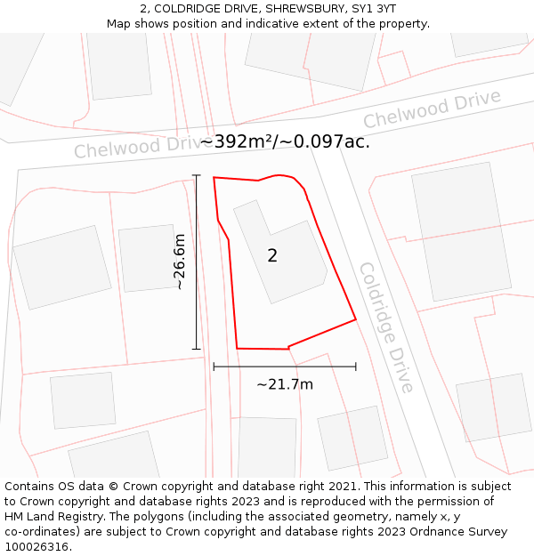 2, COLDRIDGE DRIVE, SHREWSBURY, SY1 3YT: Plot and title map