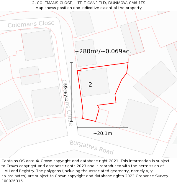 2, COLEMANS CLOSE, LITTLE CANFIELD, DUNMOW, CM6 1TS: Plot and title map