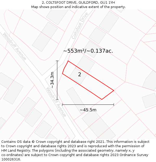 2, COLTSFOOT DRIVE, GUILDFORD, GU1 1YH: Plot and title map