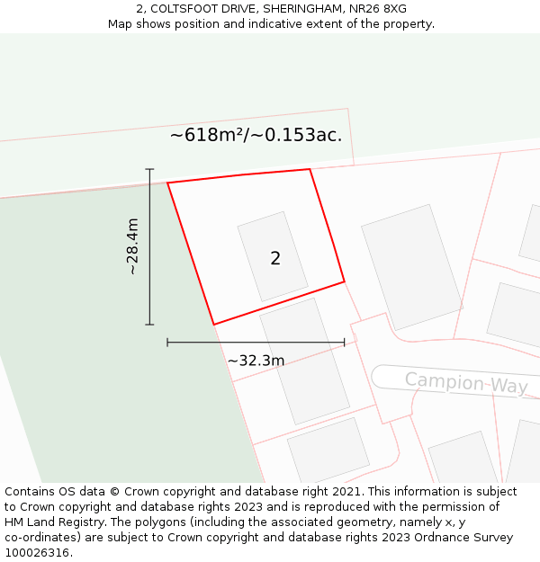 2, COLTSFOOT DRIVE, SHERINGHAM, NR26 8XG: Plot and title map
