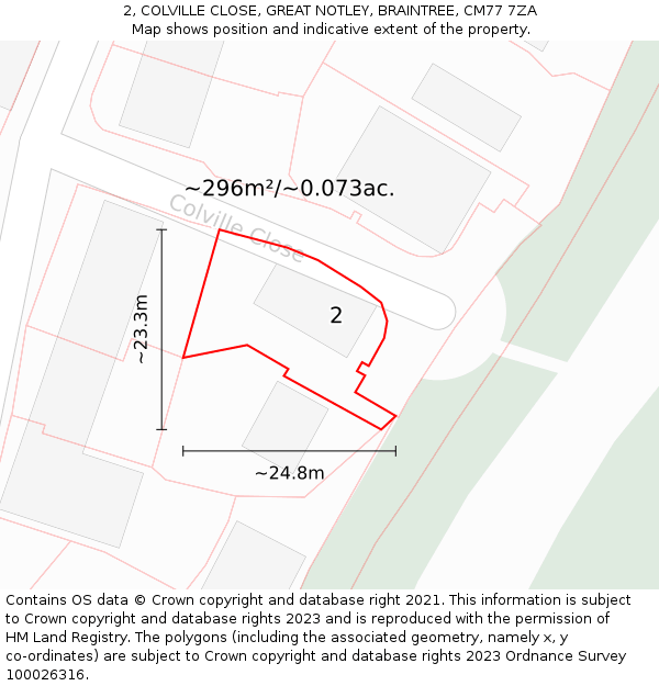 2, COLVILLE CLOSE, GREAT NOTLEY, BRAINTREE, CM77 7ZA: Plot and title map