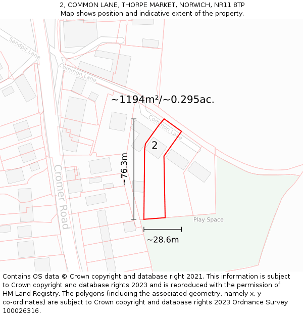 2, COMMON LANE, THORPE MARKET, NORWICH, NR11 8TP: Plot and title map