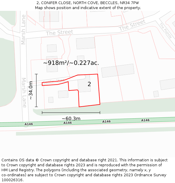 2, CONIFER CLOSE, NORTH COVE, BECCLES, NR34 7PW: Plot and title map