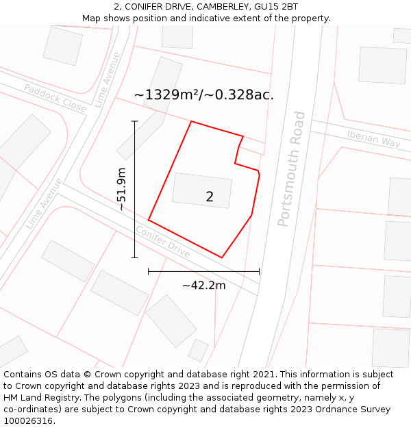 2, CONIFER DRIVE, CAMBERLEY, GU15 2BT: Plot and title map