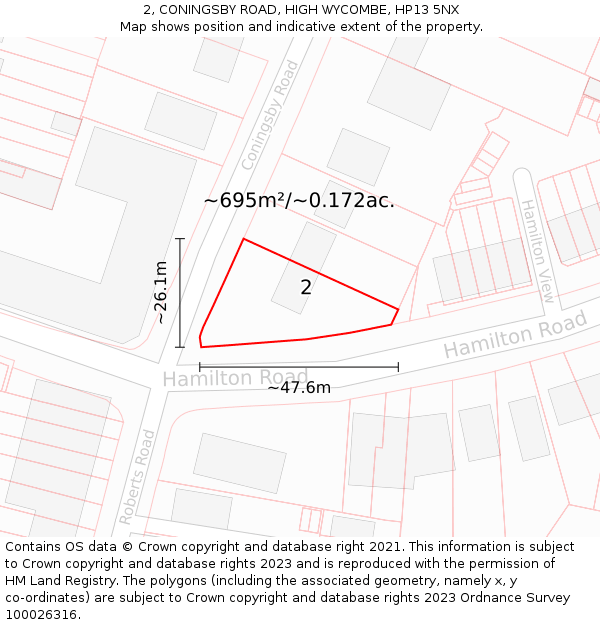 2, CONINGSBY ROAD, HIGH WYCOMBE, HP13 5NX: Plot and title map