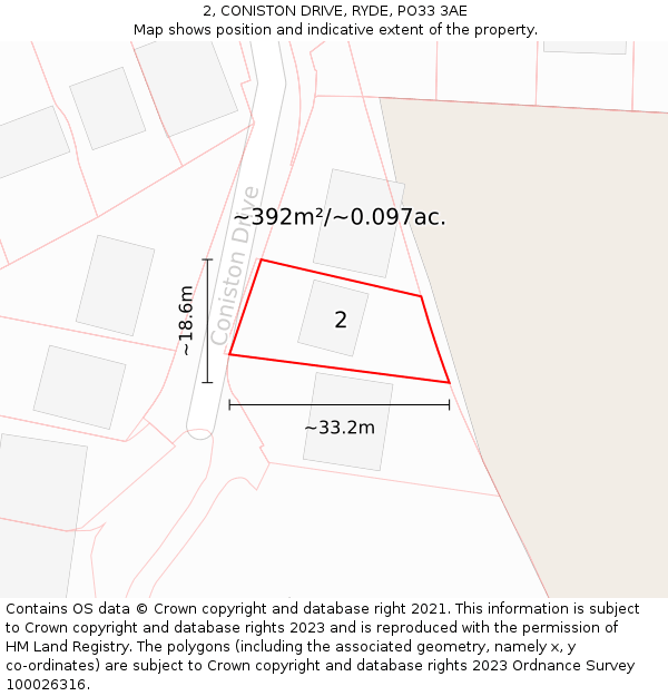 2, CONISTON DRIVE, RYDE, PO33 3AE: Plot and title map