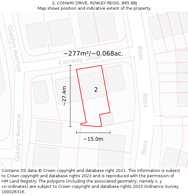2, CONWAY DRIVE, ROWLEY REGIS, B65 8BJ: Plot and title map