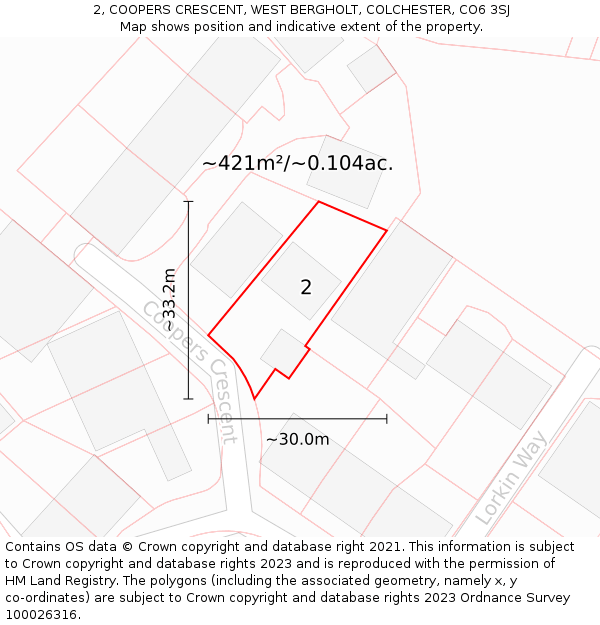 2, COOPERS CRESCENT, WEST BERGHOLT, COLCHESTER, CO6 3SJ: Plot and title map