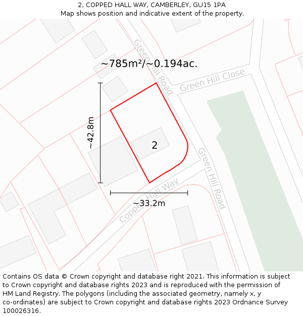 2, COPPED HALL WAY, CAMBERLEY, GU15 1PA: Plot and title map