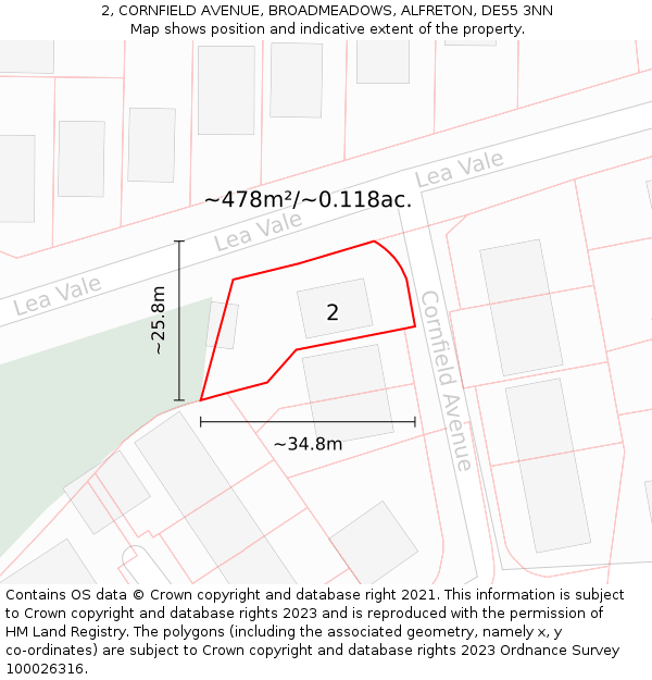 2, CORNFIELD AVENUE, BROADMEADOWS, ALFRETON, DE55 3NN: Plot and title map