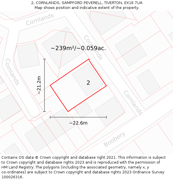 2, CORNLANDS, SAMPFORD PEVERELL, TIVERTON, EX16 7UA: Plot and title map