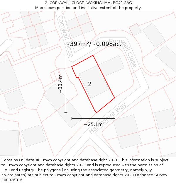 2, CORNWALL CLOSE, WOKINGHAM, RG41 3AG: Plot and title map