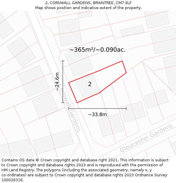 2, CORNWALL GARDENS, BRAINTREE, CM7 9LF: Plot and title map