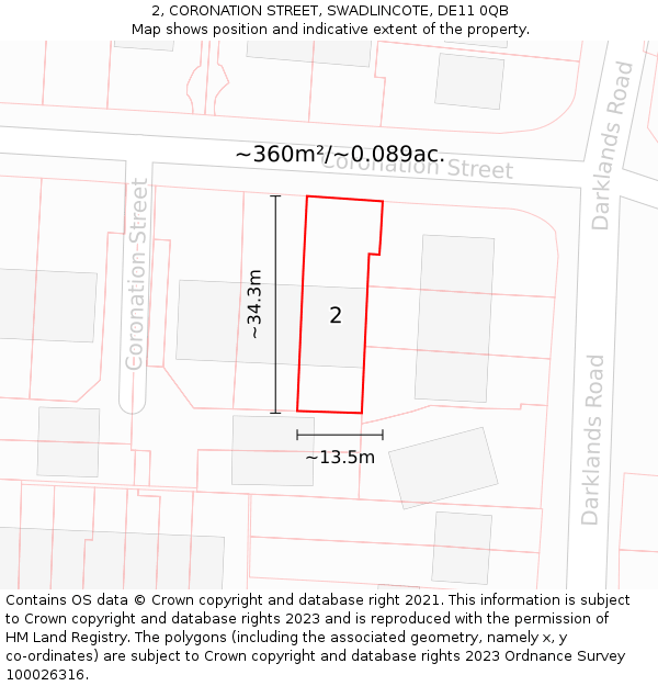 2, CORONATION STREET, SWADLINCOTE, DE11 0QB: Plot and title map