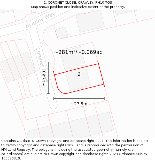 2, CORONET CLOSE, CRAWLEY, RH10 7GS: Plot and title map