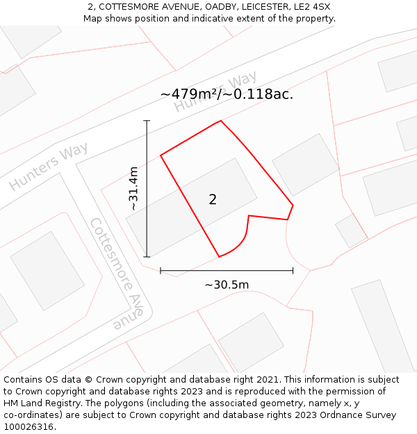 2, COTTESMORE AVENUE, OADBY, LEICESTER, LE2 4SX: Plot and title map