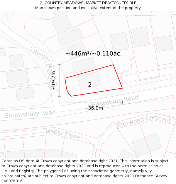 2, COUNTRY MEADOWS, MARKET DRAYTON, TF9 3LR: Plot and title map