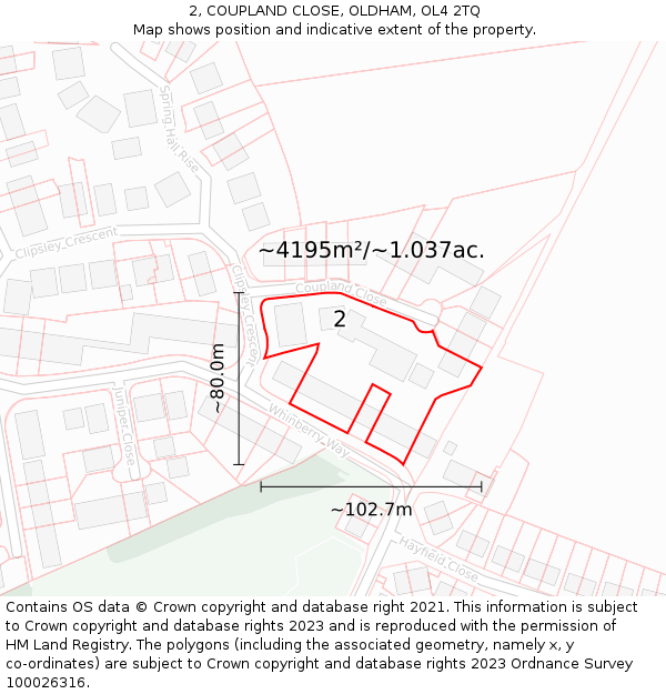 2, COUPLAND CLOSE, OLDHAM, OL4 2TQ: Plot and title map